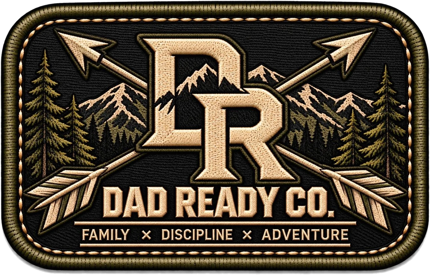 DAD READY CO. crossed-arrows DR monogram patch with mountains and pines