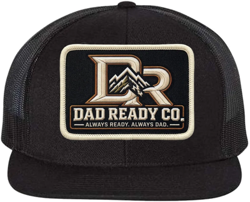 Black wool-blend flat bill cap with DAD READY CO. patch